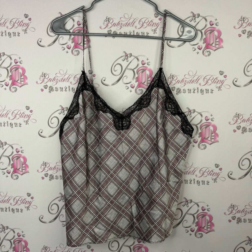 Victoria secret plaid camisole tank top satiny silky feel lace black pink white